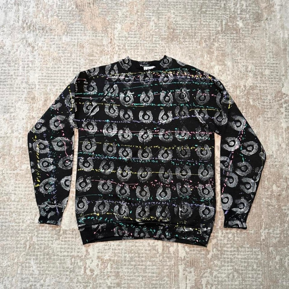 Vintage 90s 1010 Design Custom Paint AOP Design on Black Pullover Crewneck